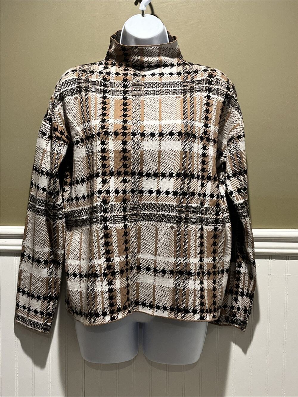 Rachel Zoe Plaid Mock Neck Sweater - Beige/Black